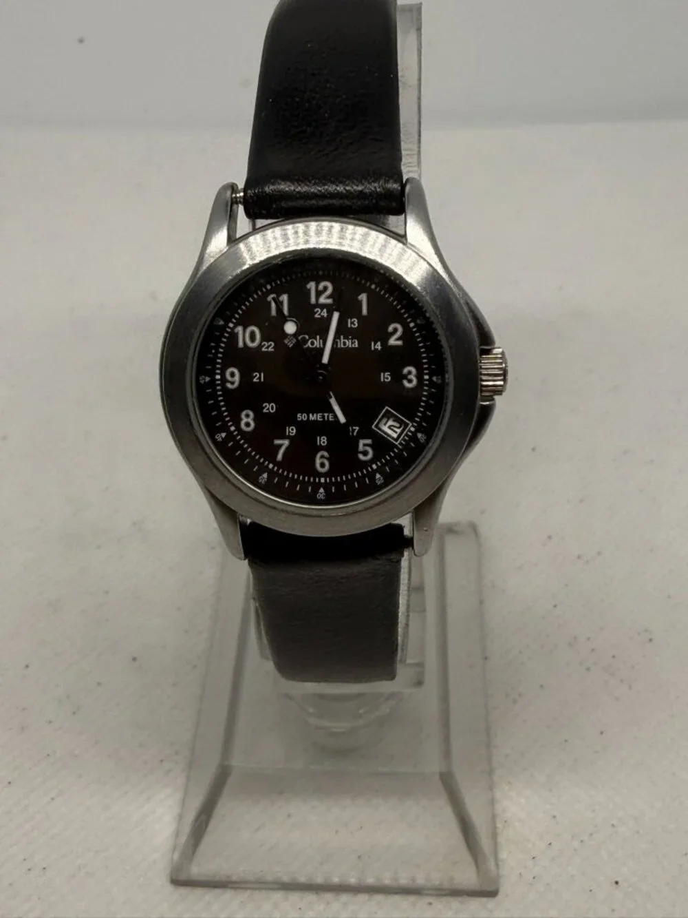 Columbia Women's Silver-Tone Black Dial Arabic Numeral Date Leather Watch WR100M